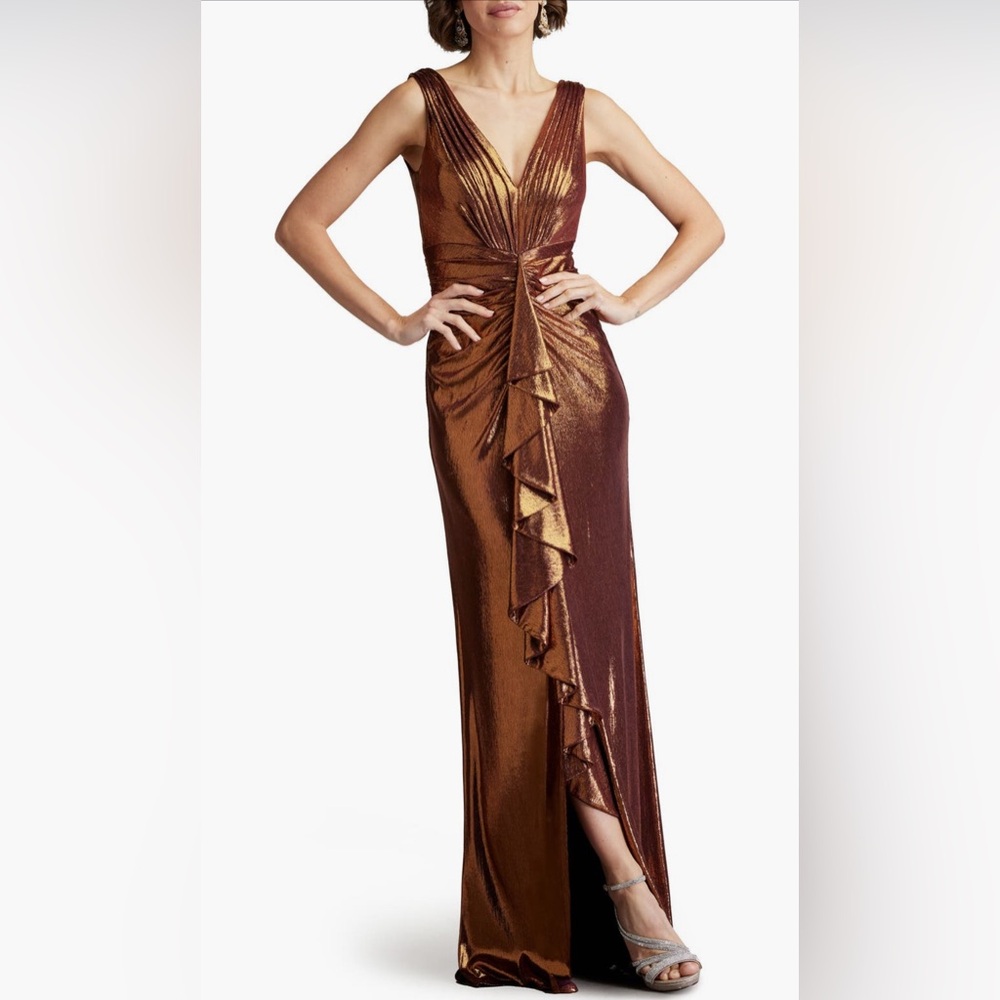 NWT SOLD OUT Nordstrom Tadashi Shoji V-neck Metallic Copper Evening Gown - XS